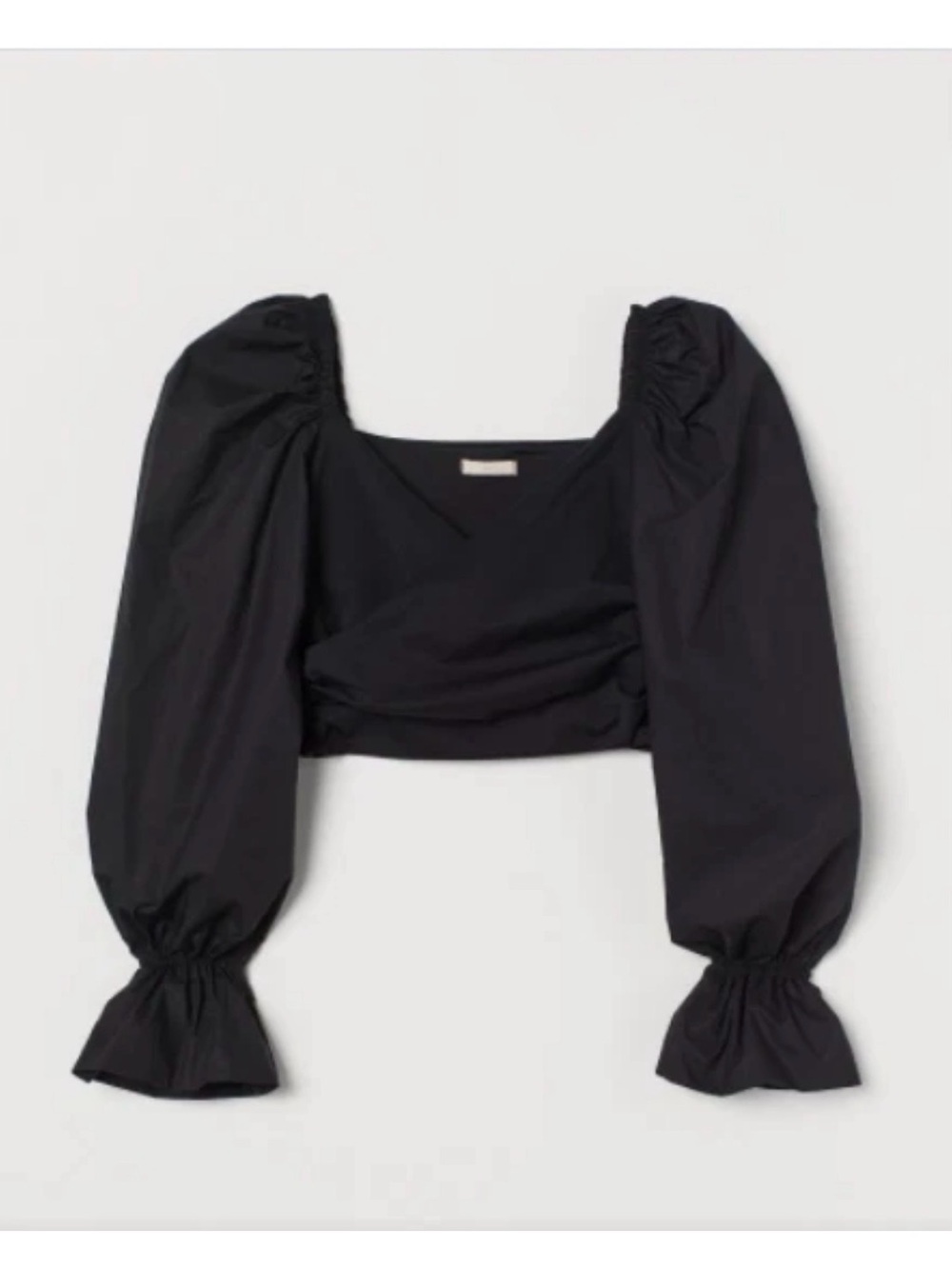 H&M Black Puff-Sleeve Cropped Top with V Neckline